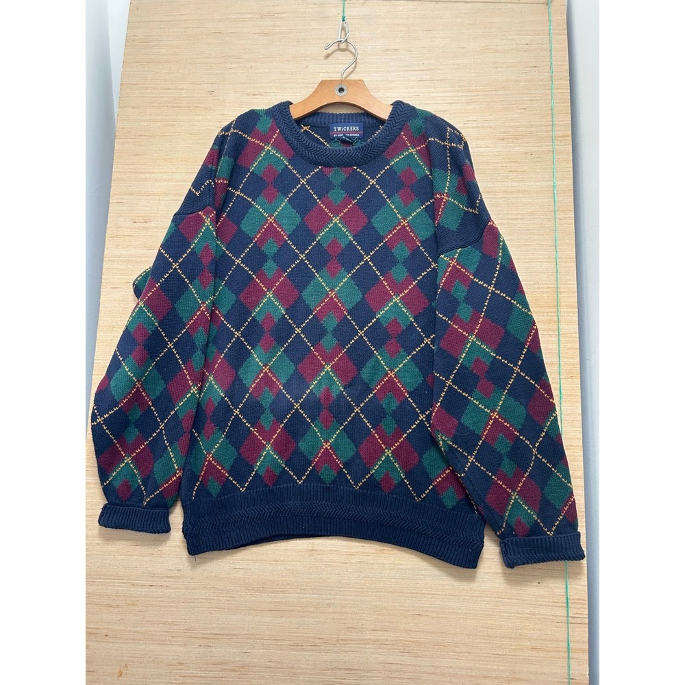 Twickers By Kenneth Gordon Navy Argyle Sweater Mens XL 100 Percent Cotton